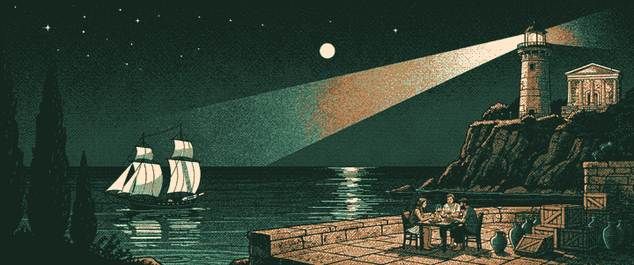 The harbor at night in halftone engraving — the lighthouse beam sweeps the bay while friends share a late dinner on the dock, all settled