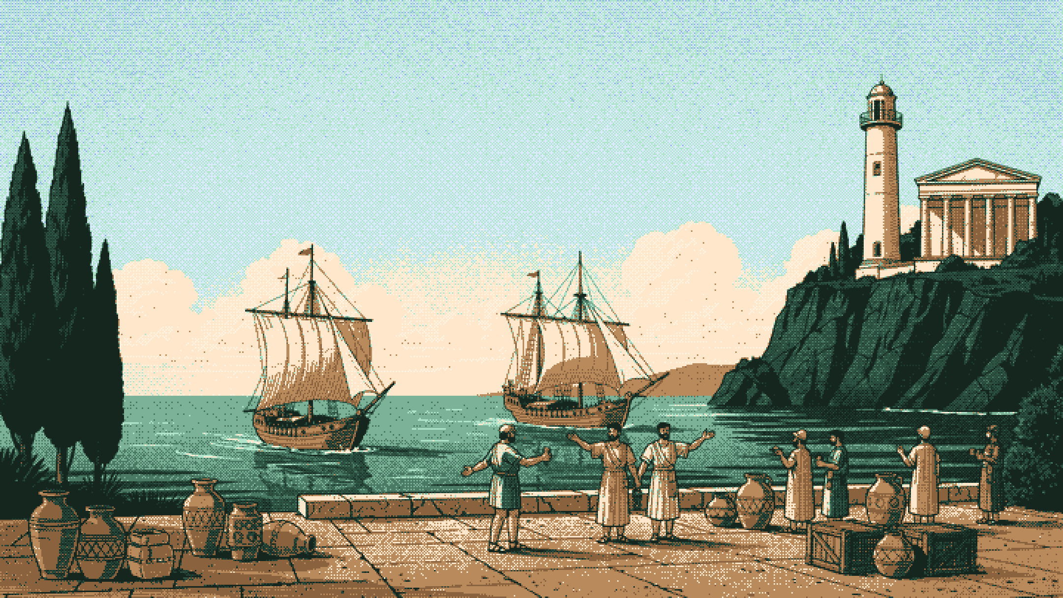 Halftone engraving of a Greek harbor at daybreak — two ships arriving, friends dividing goods on the dock, a lighthouse and temple on the cliff